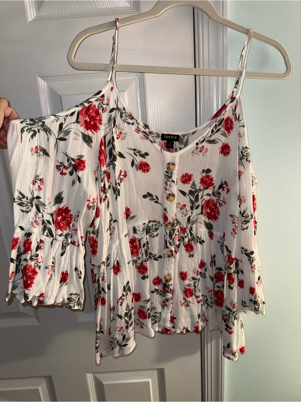 torrid White Floral Red Button-Front Cold Shoulder blouse